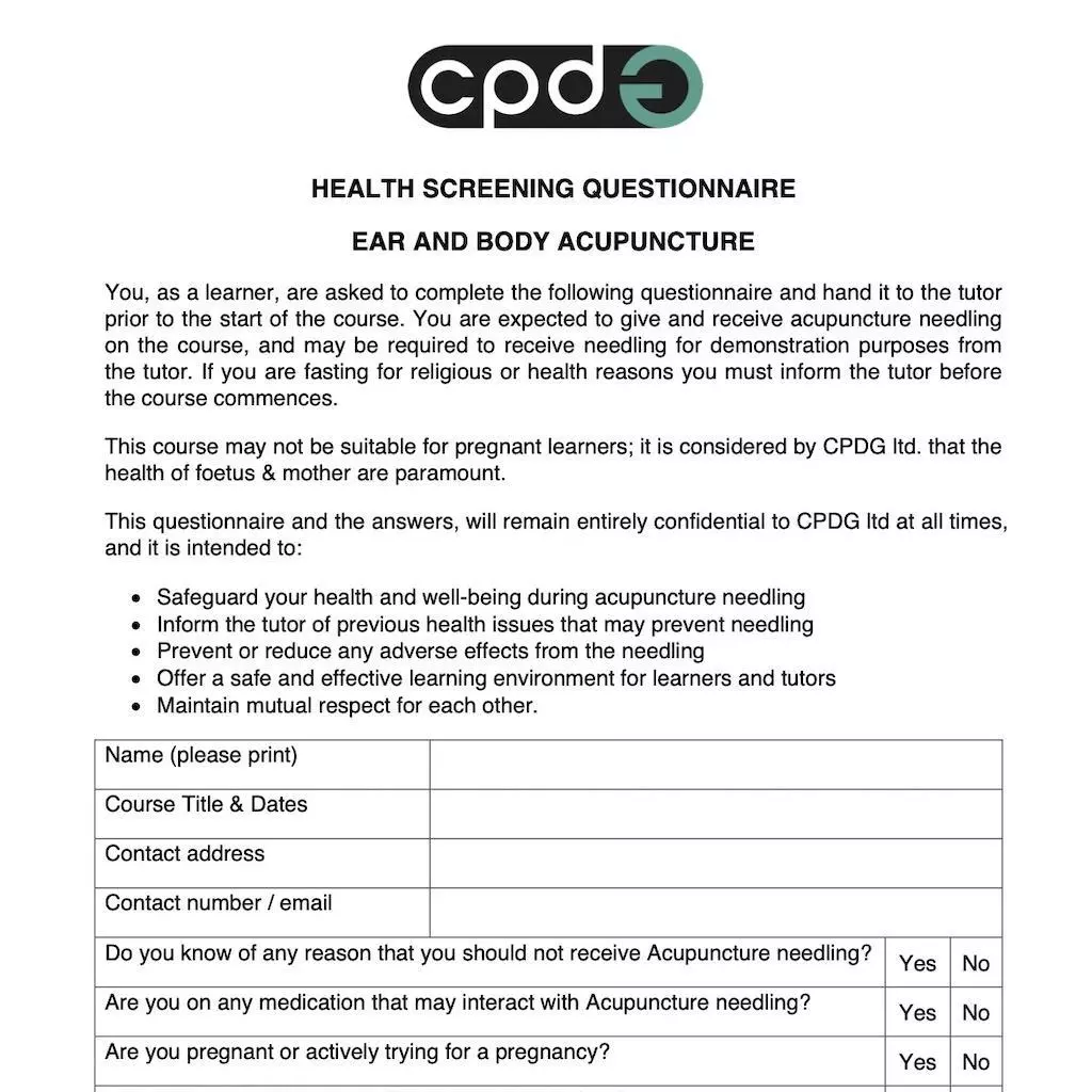 CPDG health screening questionnaire